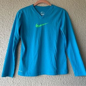 Nike Girls Long Sleeve Shirt blue teal with neon green swoosh DRI-FIT Large